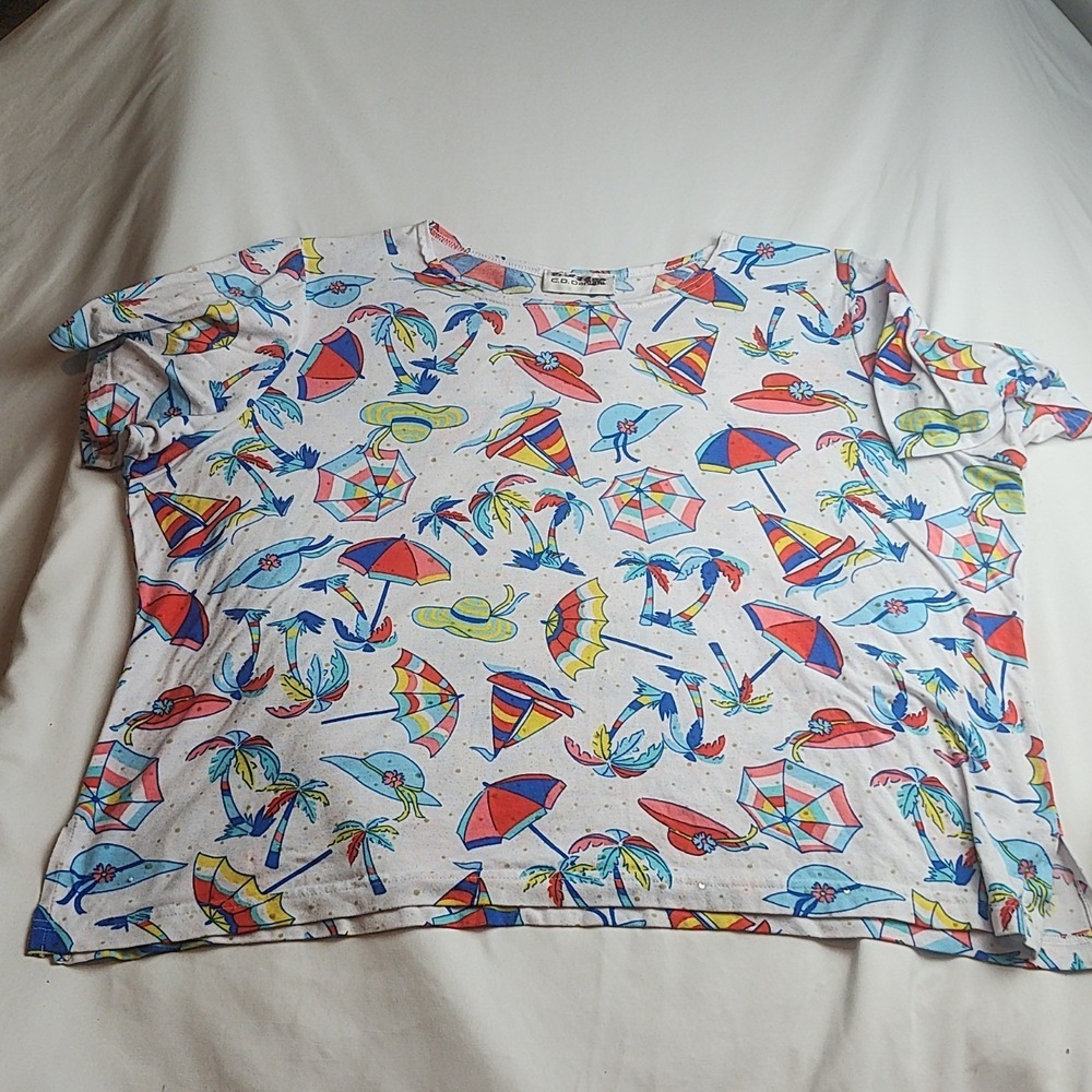 C.D. Daniels T-Shirt Tropical Beach Print White Women's Size 3X
